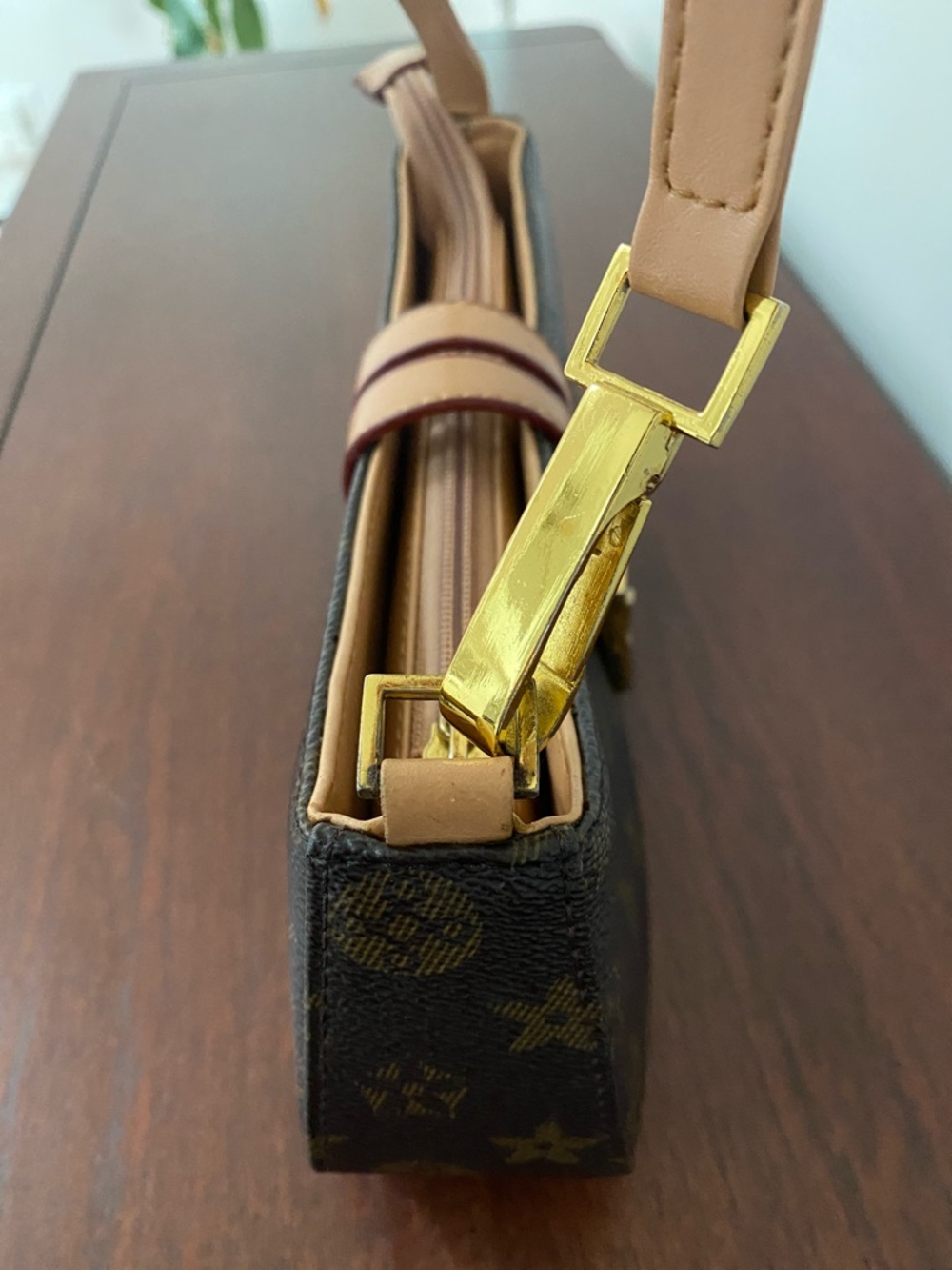 Designer-Inspired Monogram Mini Shoulder Bag in Brown and Tan - Picture 8 of 16